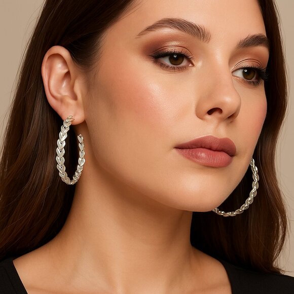 Bold Elements Silver-Tone Textured Leaf Braid Hoop Earrings – 1.5 Inches - Picture 1 of 3